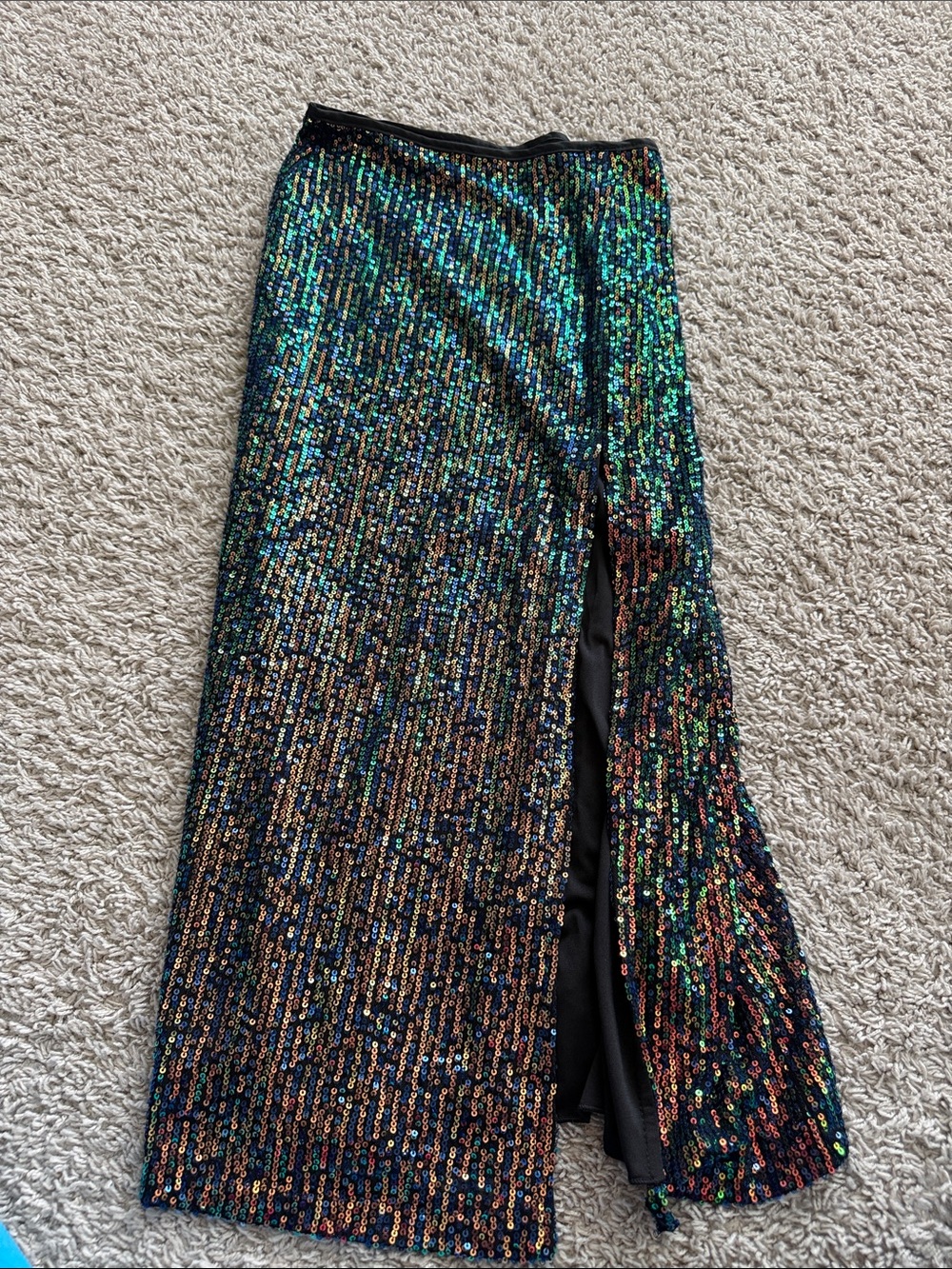 Iridescent Green-Blue Sequin Maxi Skirt with High Slit